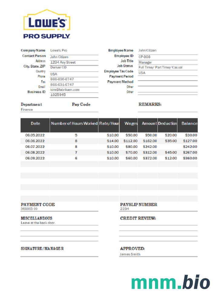 USA Lowe' s Pro Supply wholesale company pay stub